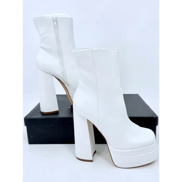 NIB White Platform Chunky Heel & Side Zip Edgy Retro Vegan Platform Boots - Picture 14 of 16